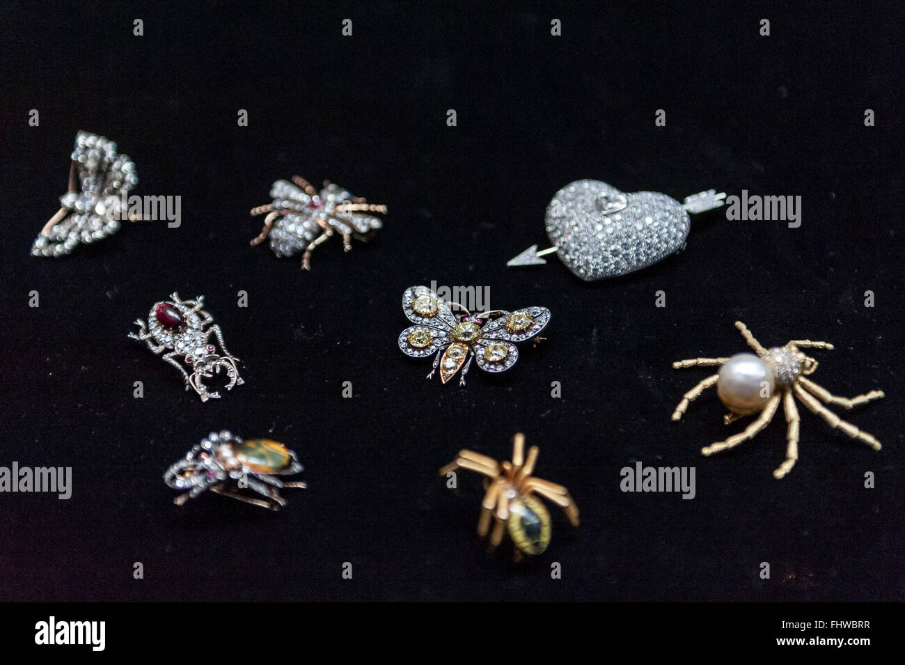 London UK. 26 February 2016. Various jewellery broaches on