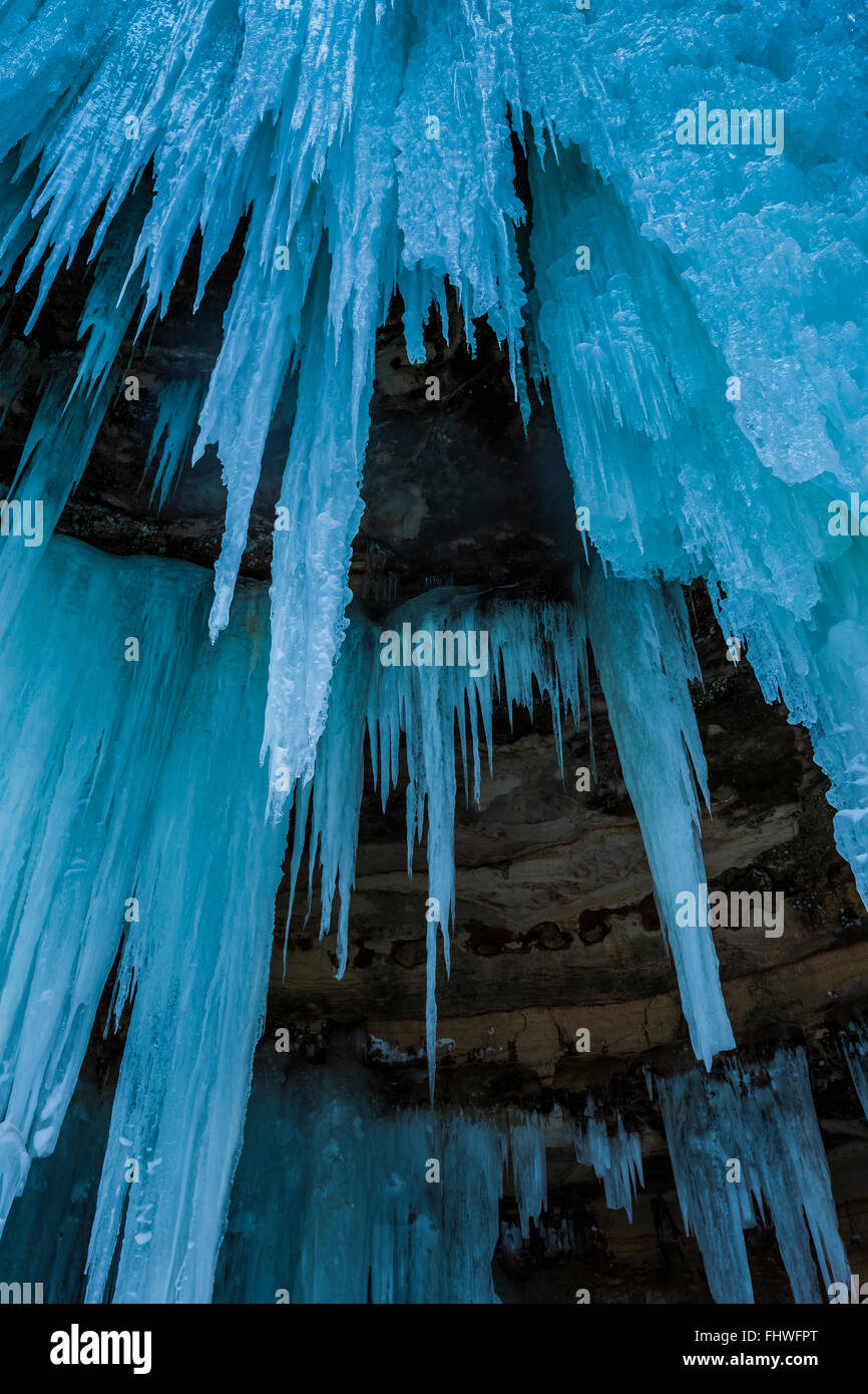 Ice daggers at twilight at The Amphitheater, an ice formation in Pictured Rocks National Lakeshore, Michigan, USA Stock Photo