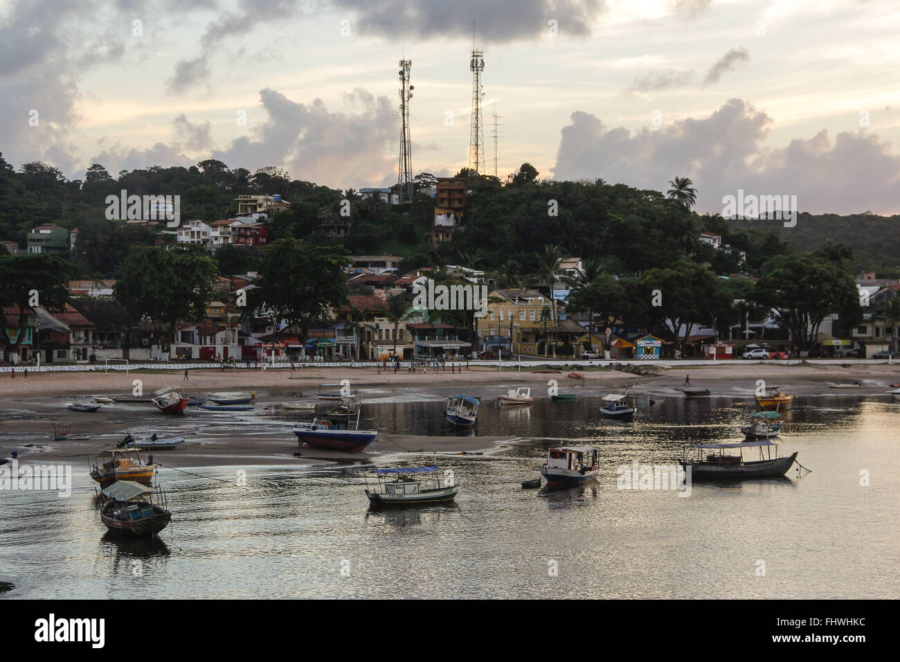 View of boats on the beach of the Chaplet Crown or from the viewpoint of Ponta do xareu at dusk Stock Photo
