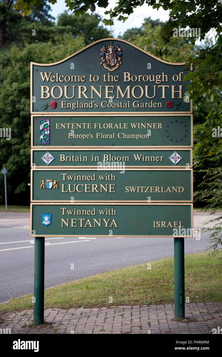 A welcome to Bournemouth sign on the outskirts of the town in Dorset, UK Stock Photo