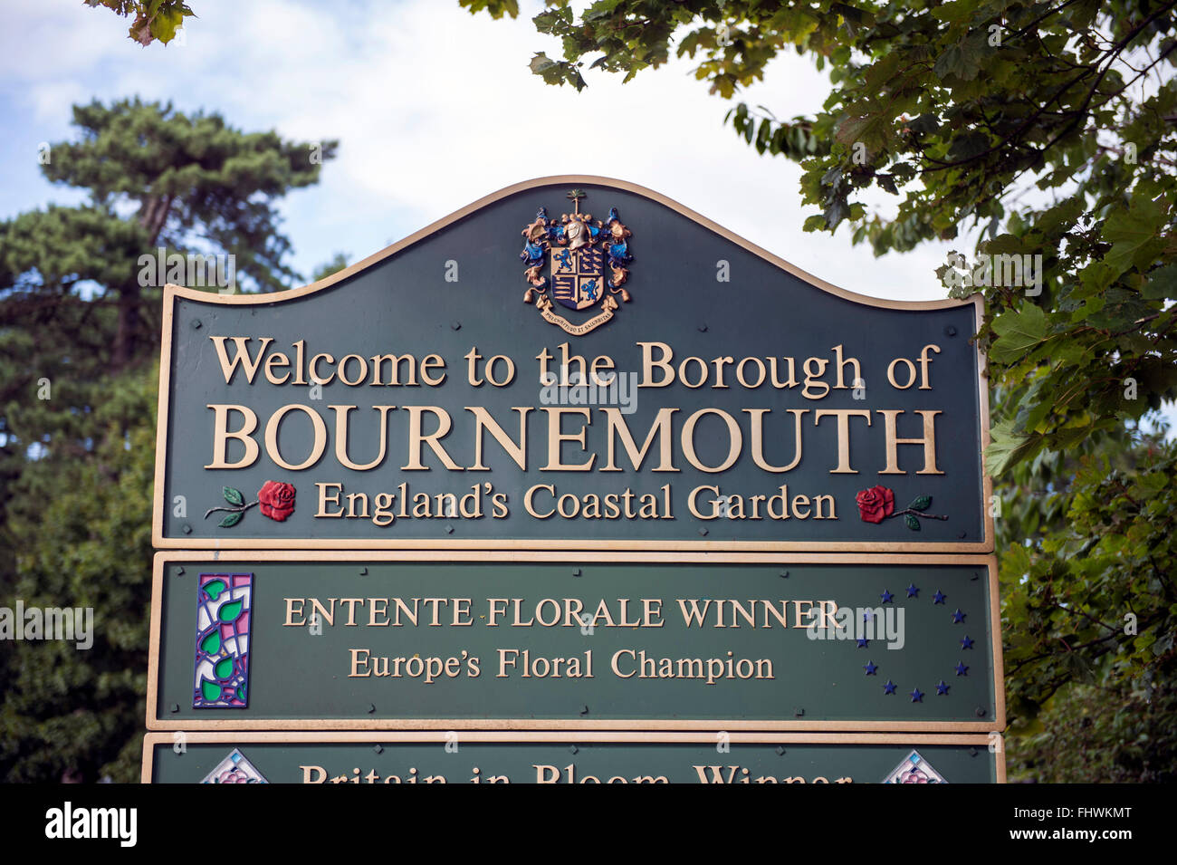 A welcome to Bournemouth sign on the outskirts of the town in Dorset, UK Stock Photo