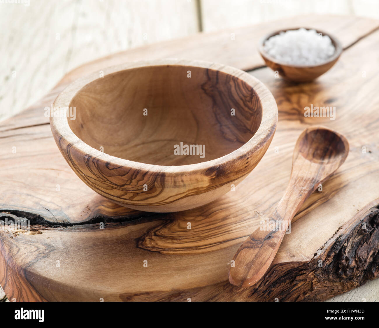 Empty wooden bowl on the service tray. Stock Photo