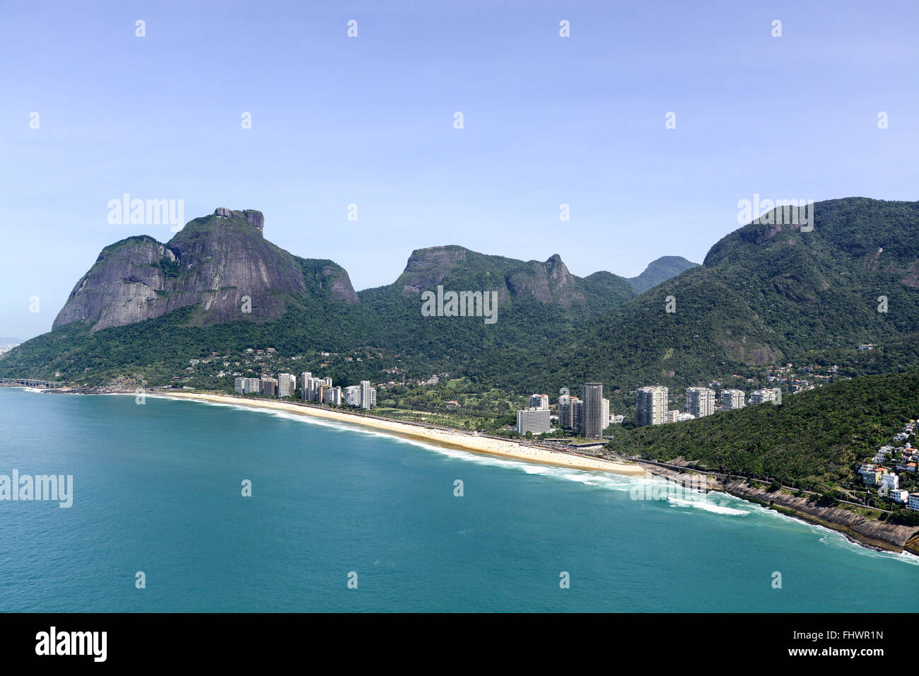 Aerial view of buildings in the Sao Conrado Beach and start the climb Niemeyer Avenue Seaside Stock Photo