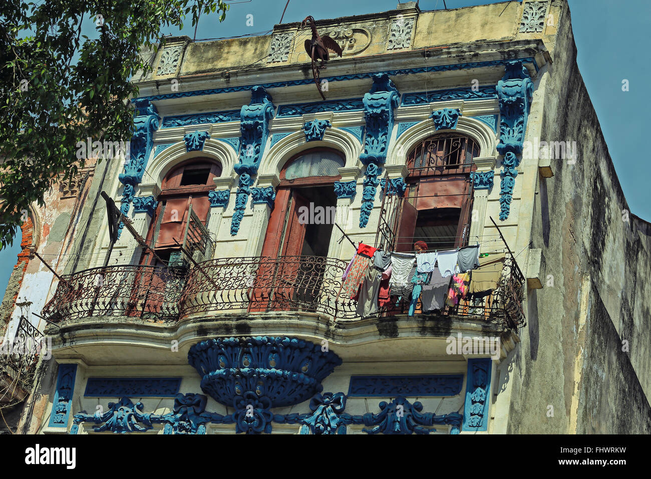Colonial-style building facades and balconies in Old Havana, Cuba Stock Photo
