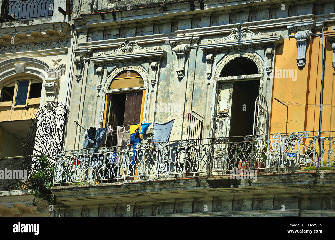 Colonial-style building facades and balconies in Old Havana, Cuba Stock Photo