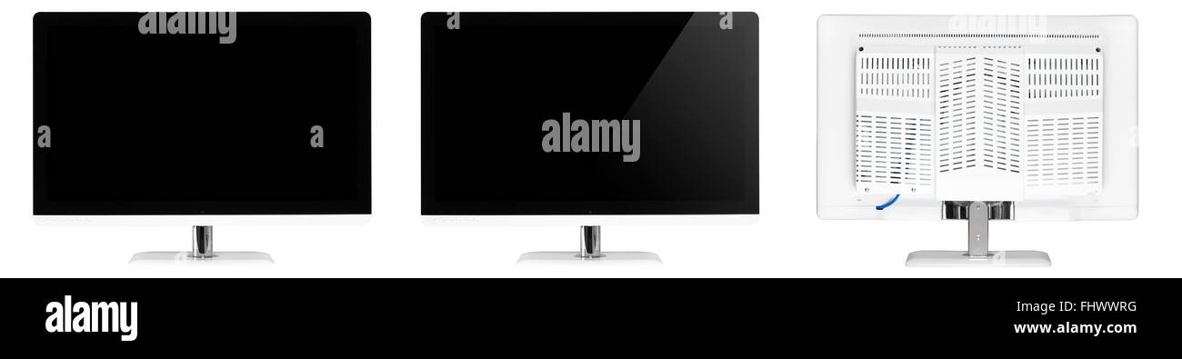 Modern white desktop computer isolated on white blank screen. Front and back of PC monitor Stock Photo