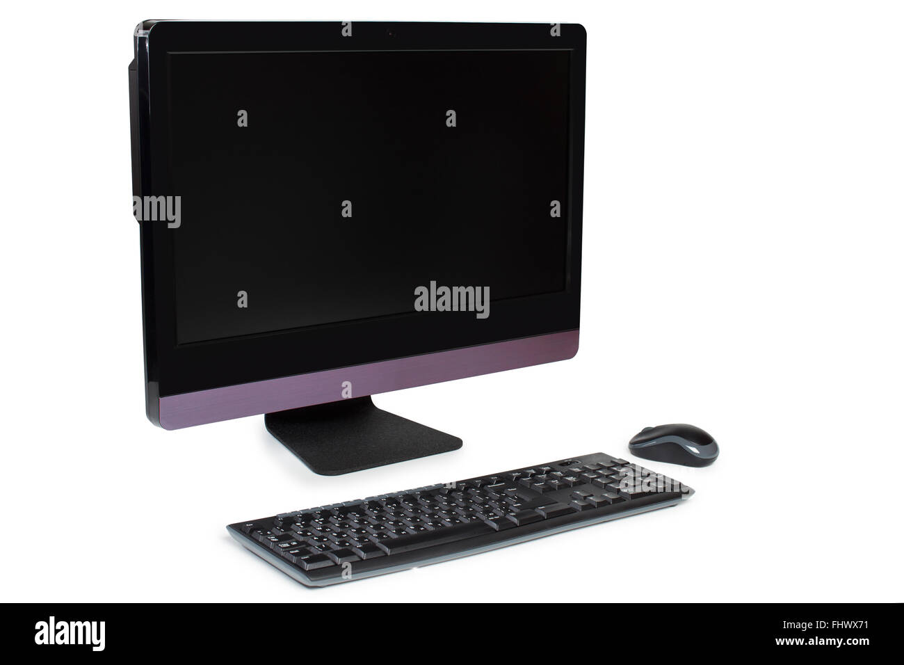 Contemporary all in one desktop office computer. Personal computer with blank display keyboard and mouse isolated on white Stock Photo