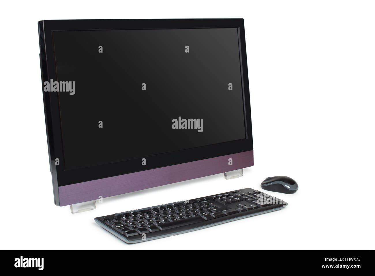 Modern all in one desktop computer with touchscreen isolated on white with keyboard and mouse Stock Photo