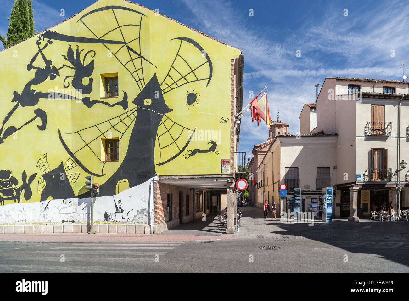 Painting inspired in El Quijote in Calle Mayor. Alcalá de Henares, Madrid, Spain. Stock Photo