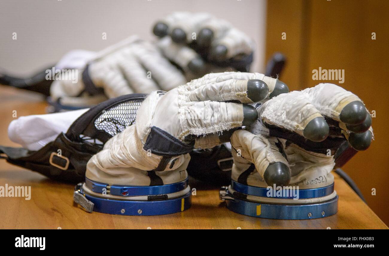 Russian Sokol space suit gloves at the Gagarin Cosmonaut Training Center February 25, 2016 in Star City, Russia. Stock Photo
