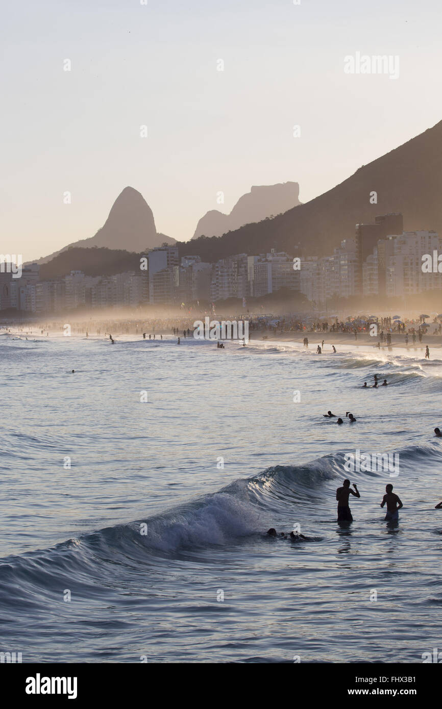 Copacabana Beach with the Morro Dois Brothers and Pedra da Gavea the background Stock Photo