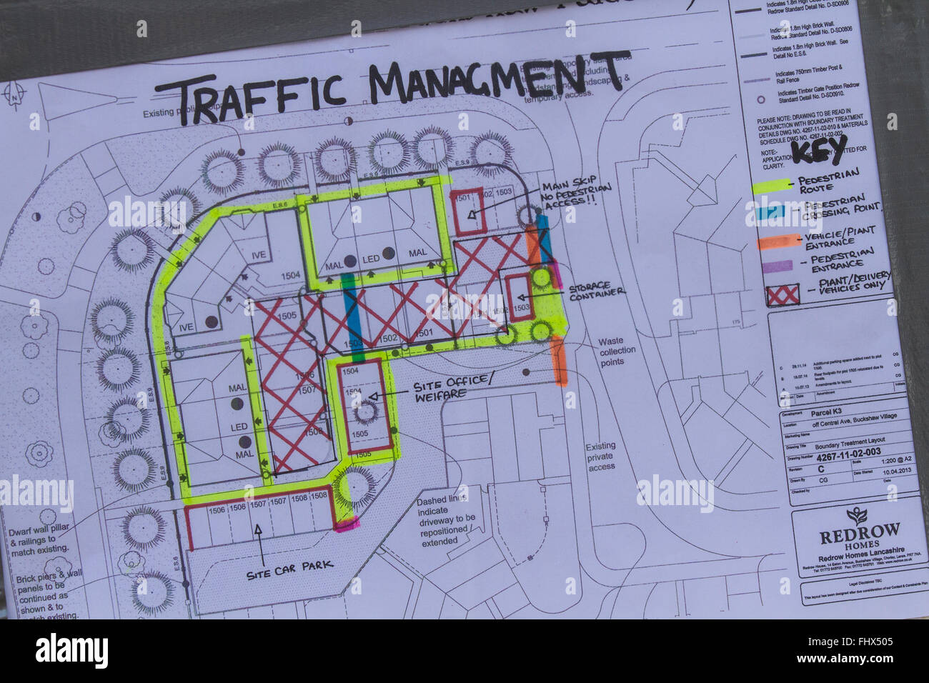 Misspelt Traffic Management & Safety Site Plan for Redrow Homes building site development, Buckshaw village, Euxton, Lancashire, UK.  On average, each year, about 7 workers die as a result of accidents involving vehicles or mobile plant on construction sites. A further 93 are seriously injured.  The law says that you must organise a construction site so that vehicles and pedestrians using site routes can move around safely.  The vehicle routes need to be suitable for the persons or vehicles using them, in suitable positions and sufficient in number and size. Stock Photo