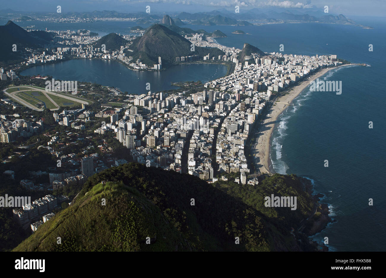 Aerial view of the beaches of Copacabana and Ipanema Leblon Leme - Sugar Loaf hill in the background Stock Photo