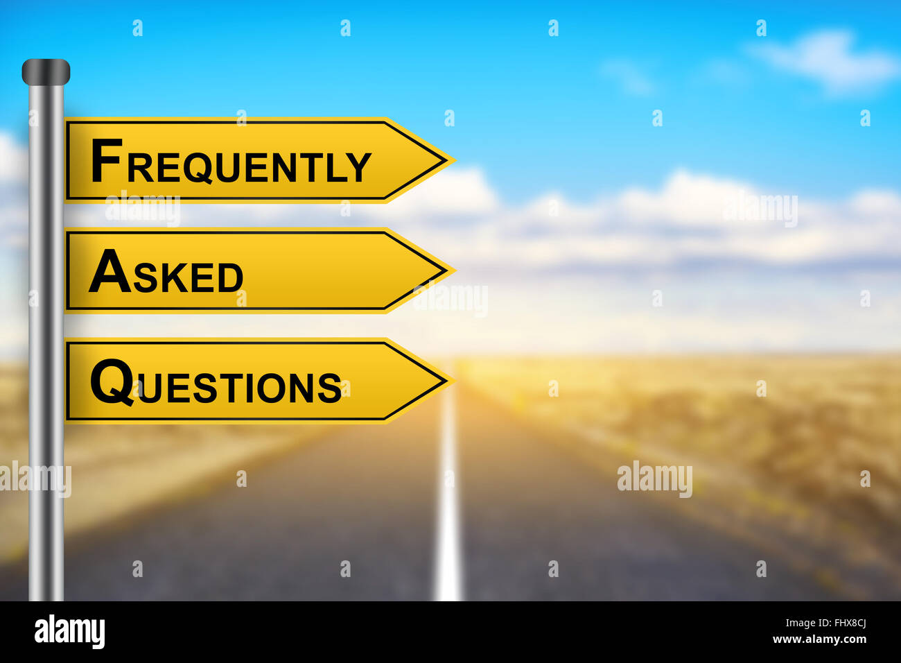 FAQ or Frequently asked questions words on yellow road sign with blurred background Stock Photo