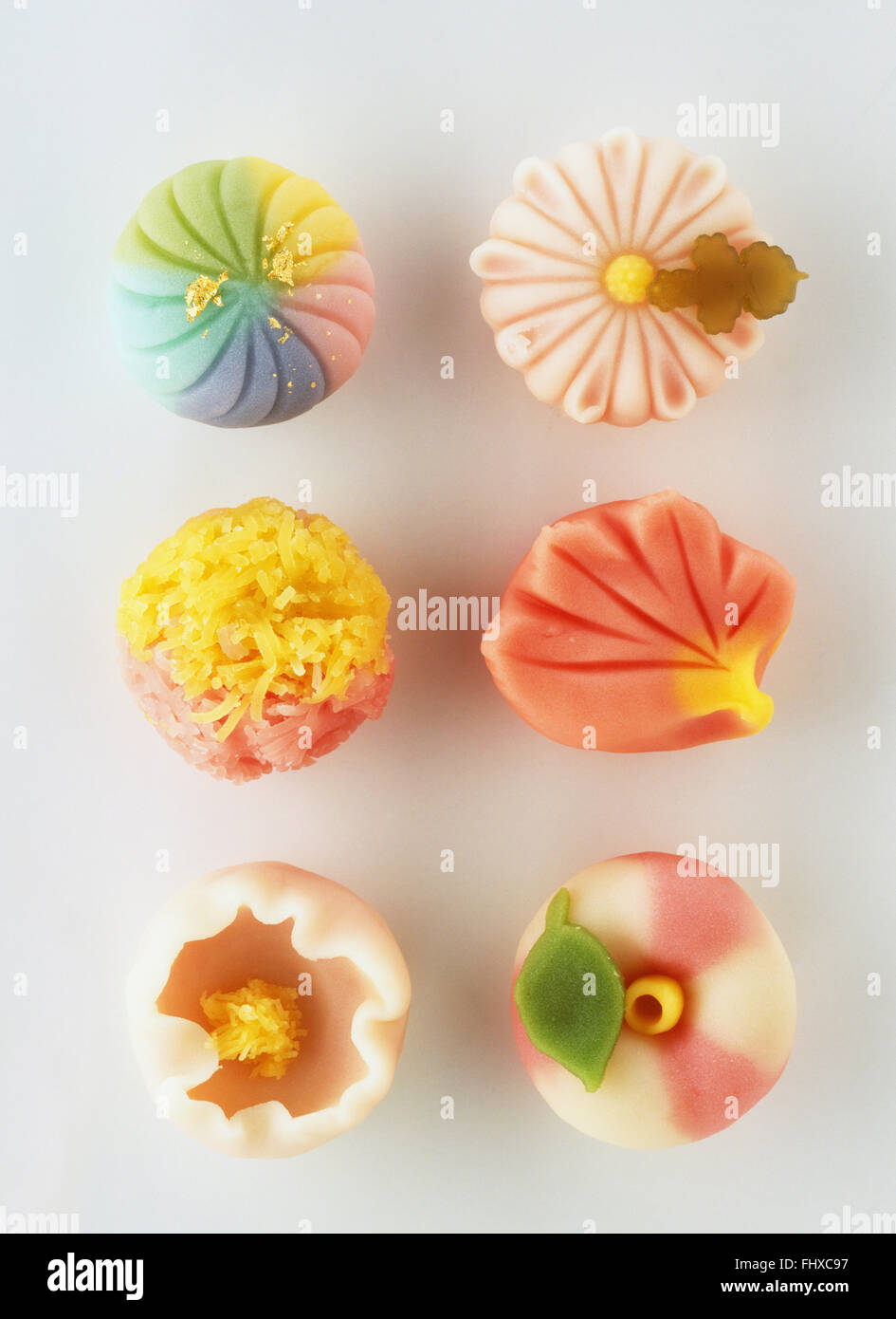 Wagashi, types of colourful Japanese sweets, leaf, flower and fantasy
