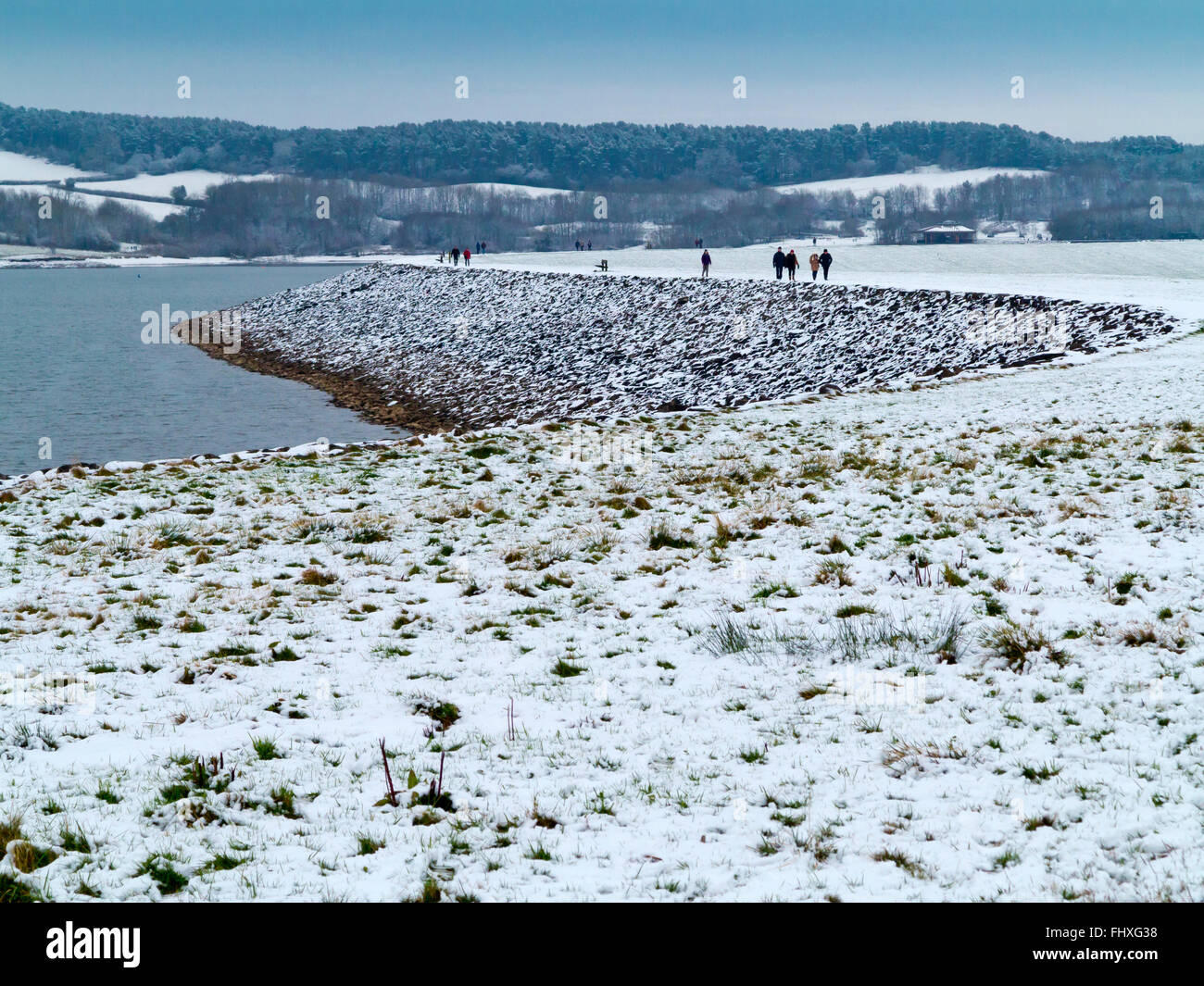 Winter scene at Carsington Water a reservoir operated by Severn Trent Water near Matlock in Derbyshire Dales Peak District UK Stock Photo