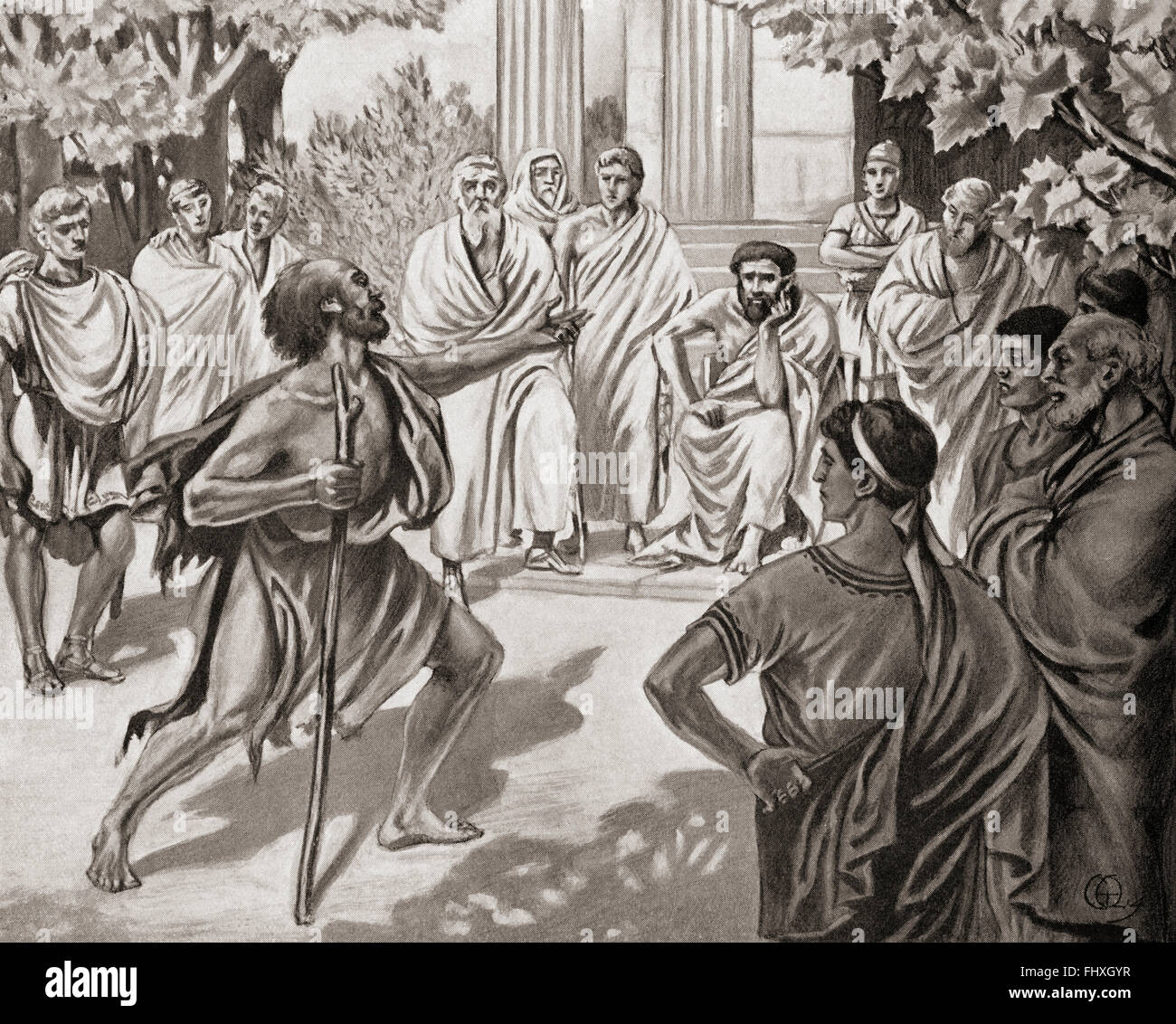 Diogenes challenging Plato in the Academy at Athens.  Diogenes of Sinope, aka Diogenes the Cynic, c. 412 /404 BC - 323 BC. Greek philosopher.   Plato, c. 428/427  – 348/347 BC.  Philosopher in Classical Greece and founder of the Academy in Athens. Stock Photo