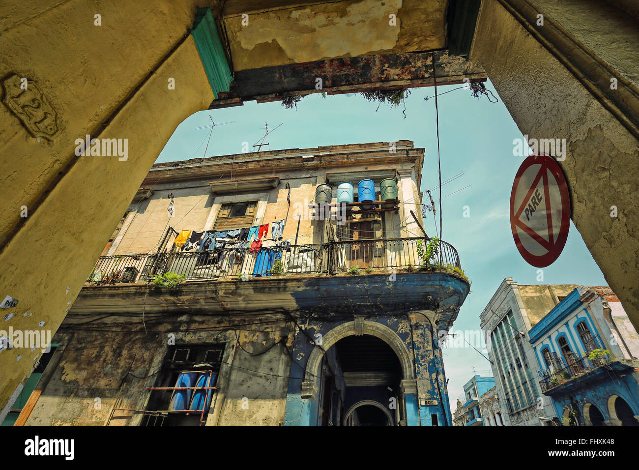 Colonial-style building facades and balconies in Old Havana, Cuba Stock Photo