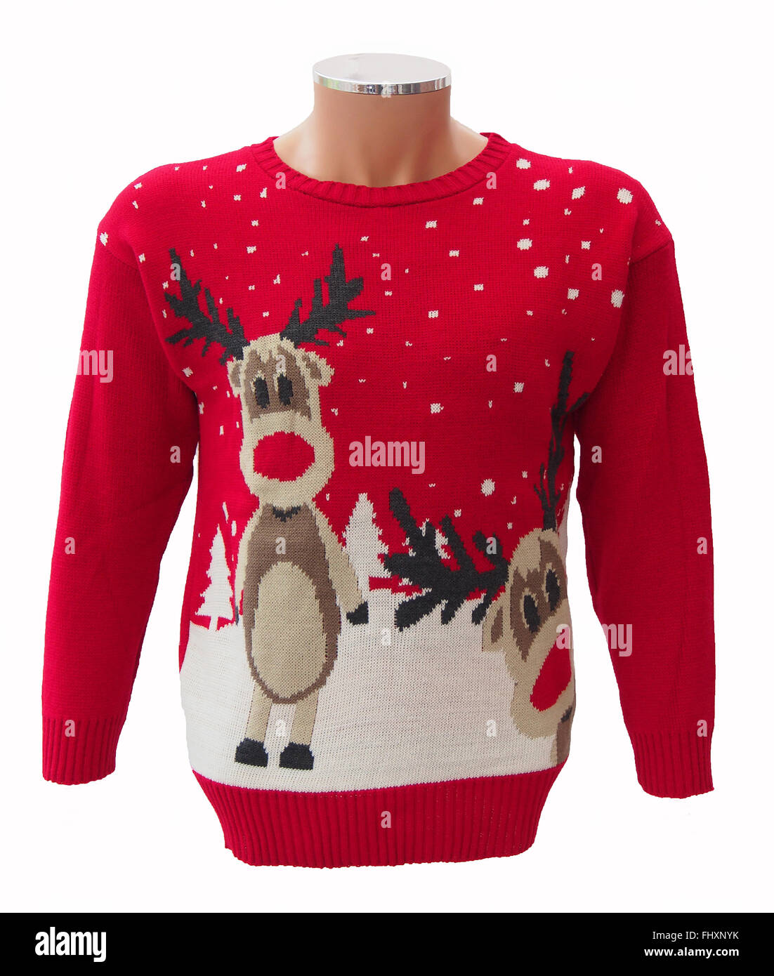 Red knitted adults' Christmas jumper, featuring Rudolph the red nosed reindeer and snowflakes, isolated on a white background. Stock Photo