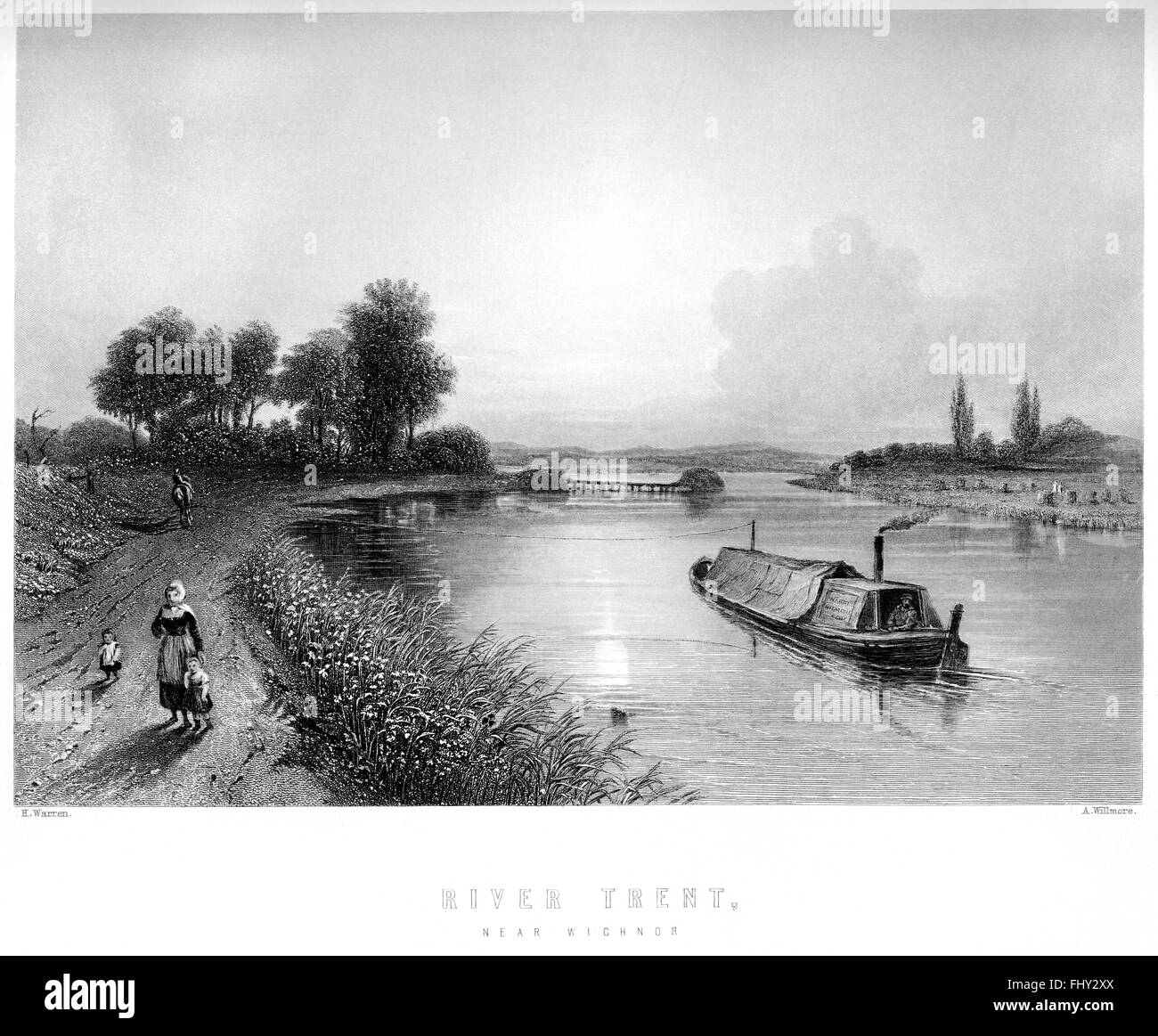 An engraving of the River Trent near Wichnor (now Wychnor) scanned at high resolution from a book printed in 1880. Believed copyright free. Stock Photo