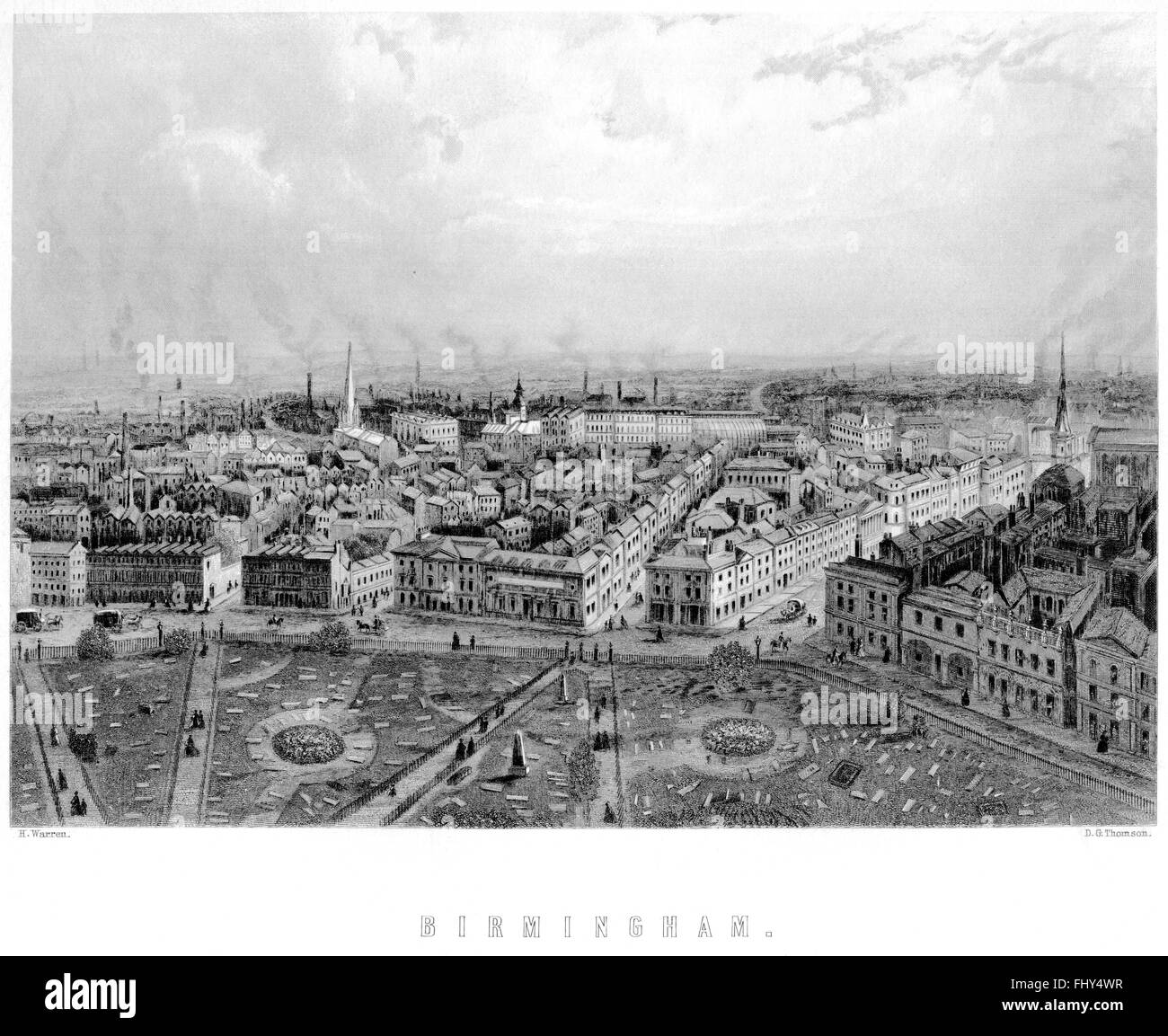 An engraving of Birmingham scanned at high resolution from a book printed in 1880. Believed copyright free. Stock Photo