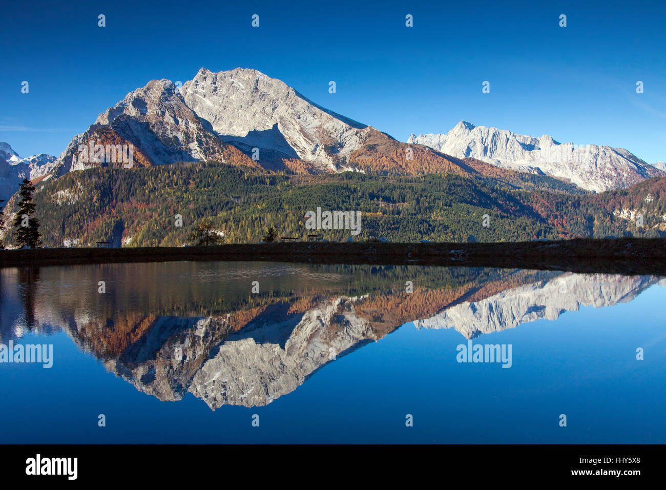 Reflection of Mount Watzmann in a small lake, Bavarian Alps near Berchtesgaden, Bavaria, Germany Stock Photo