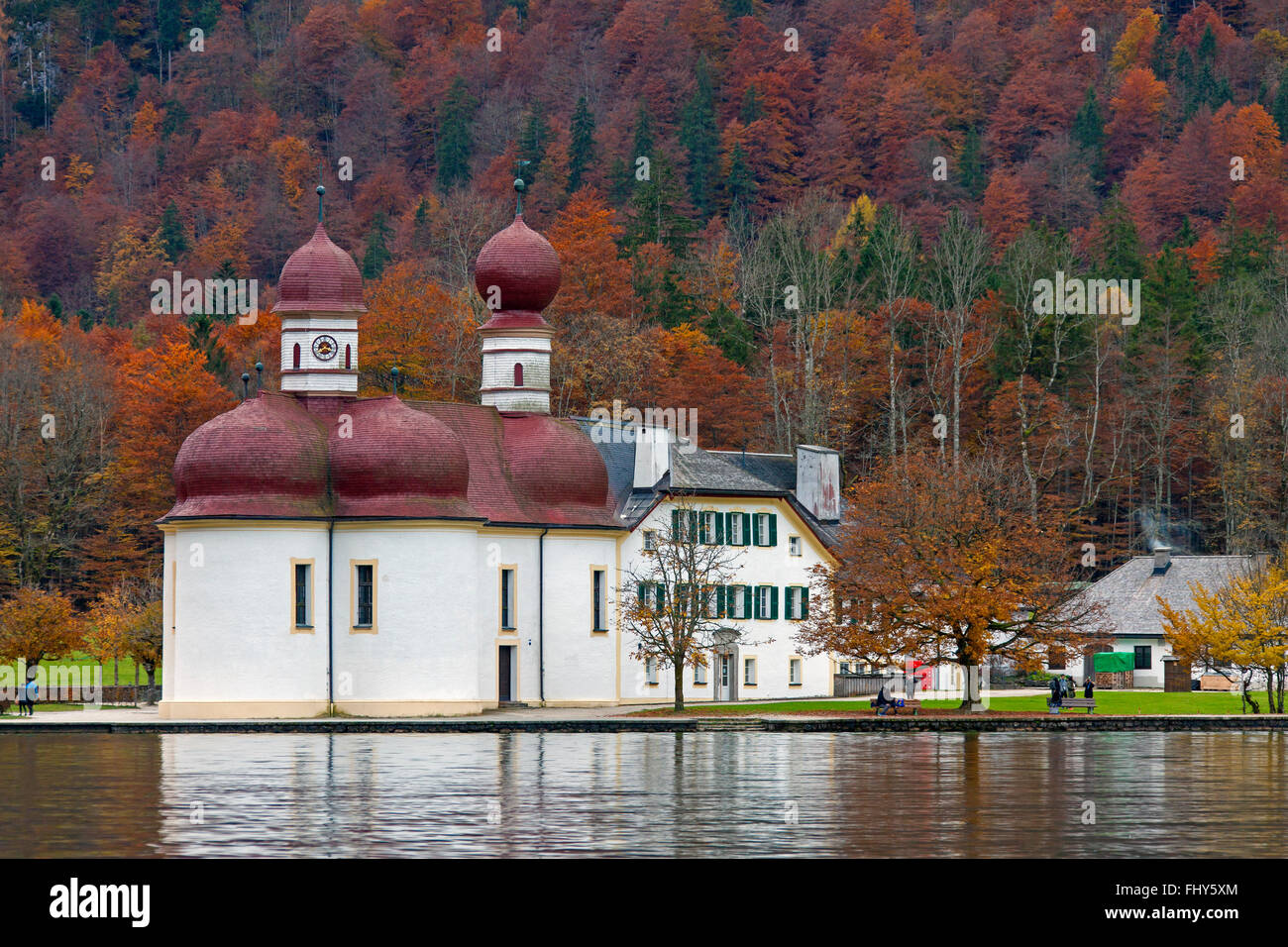 Sankt Bartholomä / St. Bartholomew's Church at lake Königssee, Berchtesgaden National Park, Bavaria, Germany Stock Photo