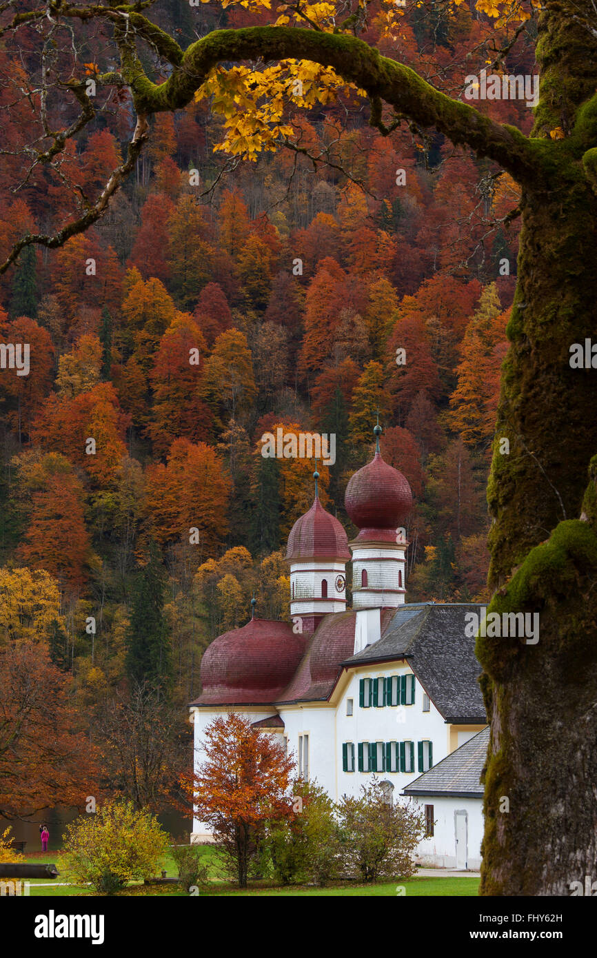 Sankt Bartholomä / St. Bartholomew's Church at lake Königssee in the autumn, Berchtesgaden National Park, Bavaria, Germany Stock Photo