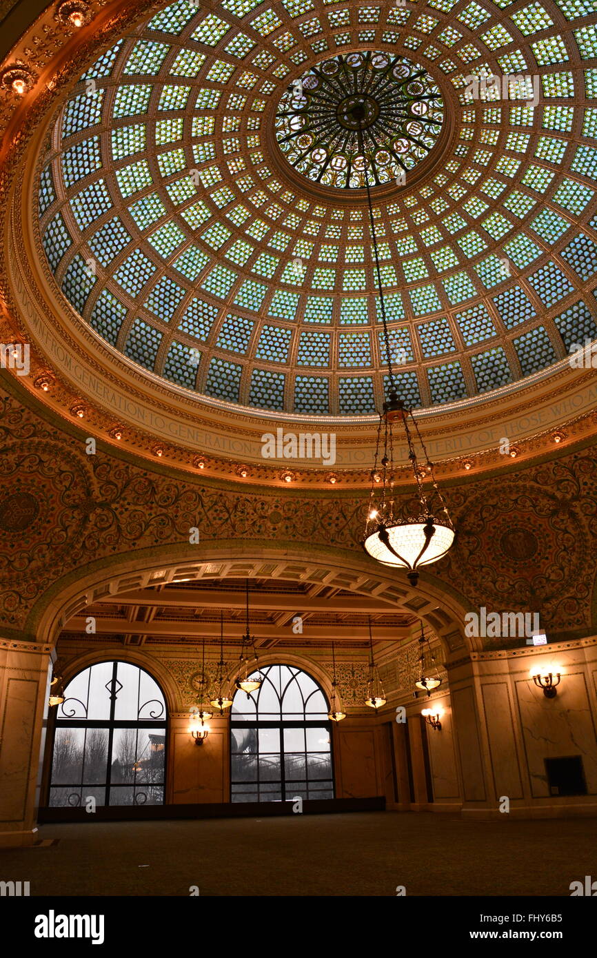The Tiffany stained glass dome in the Bradley Hall at the Chicago