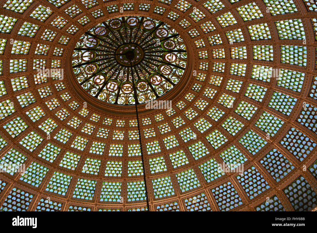 The Tiffany stained glass dome in the Bradley Hall at the Chicago