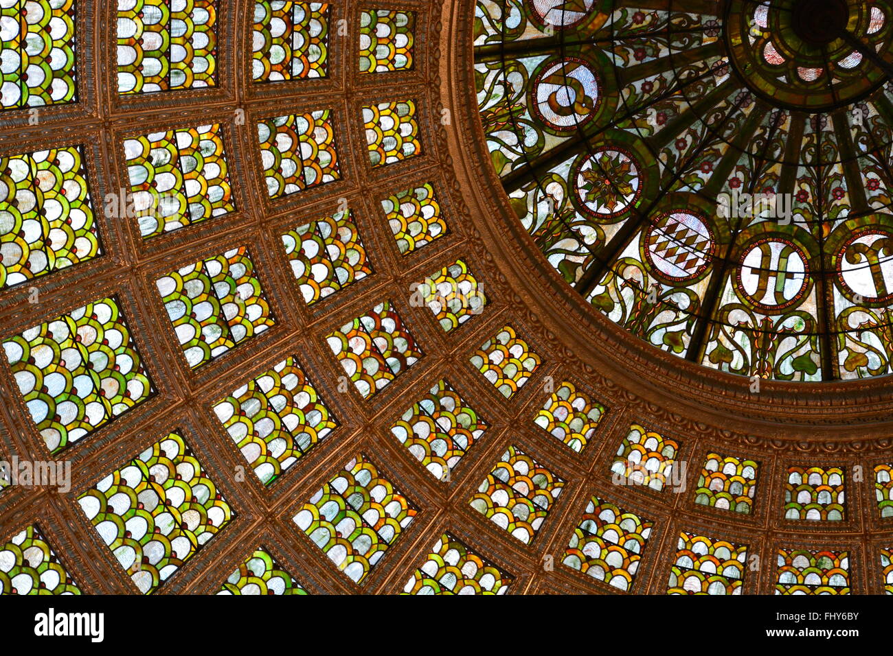 The Tiffany stained glass dome in the Bradley Hall at the Chicago