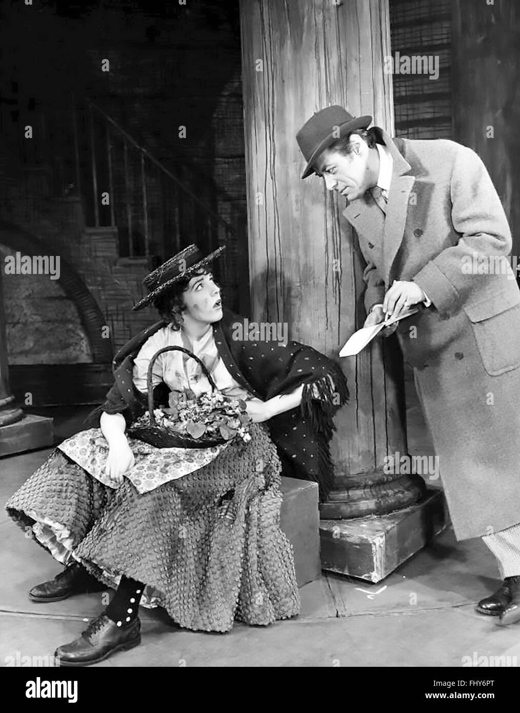 MY FAIR LADY 1956 Broadway musical by Alan Jay Lerner with Julie Andrews as Eliza and Rex Harrison as Professor Higgins Stock Photo