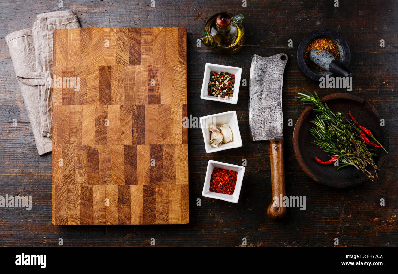 Chopping cutting kitchen board seasoning herbs and Butcher meat cleaver