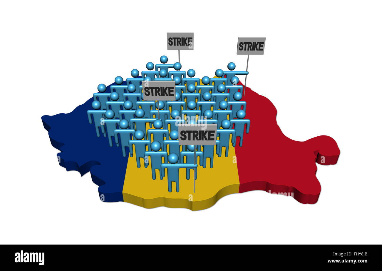 workers on strike on Romania map flag illustration Stock Photo