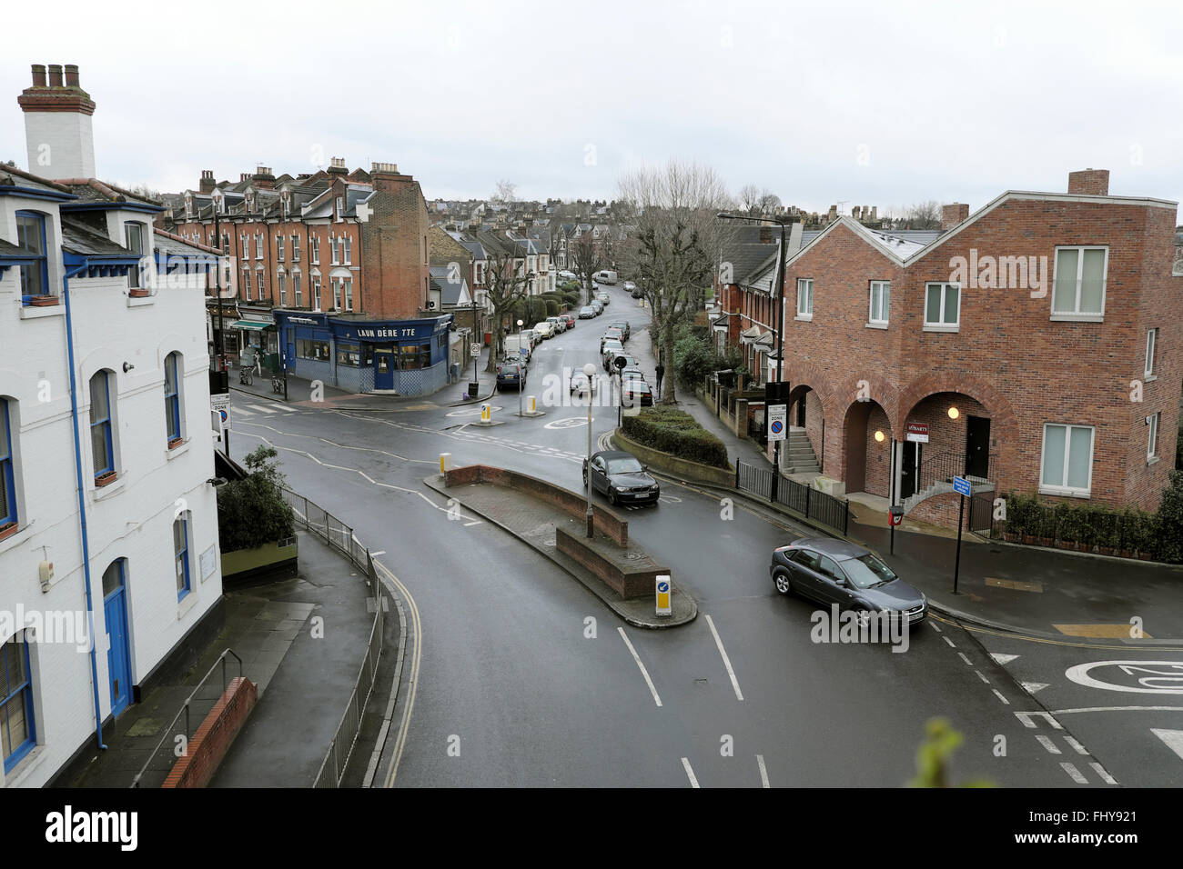Looking down on junction at Ferme Park Rd and Stapleton Hall Road from