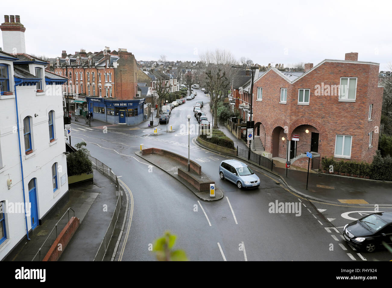 Looking down on Stapleton Hall Road from parkland walk in winter London