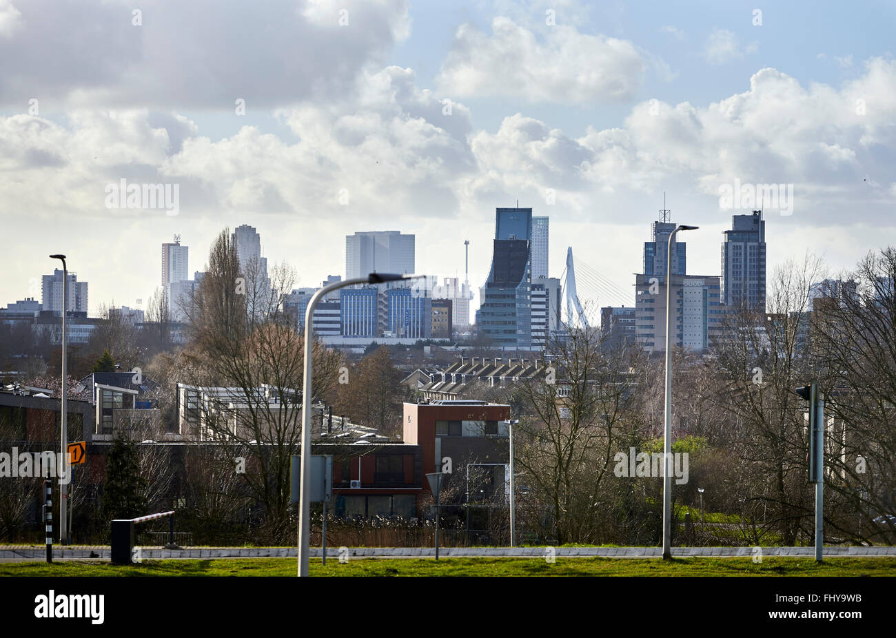 Skyline Rotterdam with in fron small houses, view from Algerabrug Krimpen aan den IJssel Stock