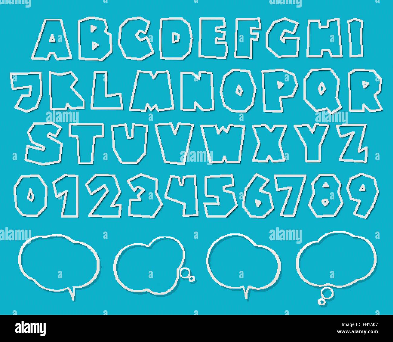 set of white paper labels, stylish alphabet letters, numbers and speech