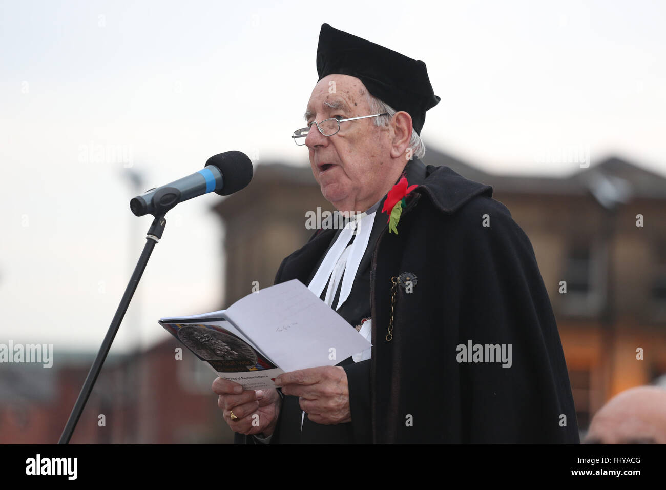 Rochdale, UK. 26th February, 2016. The Reverend Canon Alan Shackleton the Royal British Legion Chaplain leads a service of remembrance in Rochdale, UK 26th February 2016 Credit:  Barbara Cook/Alamy Live News Stock Photo