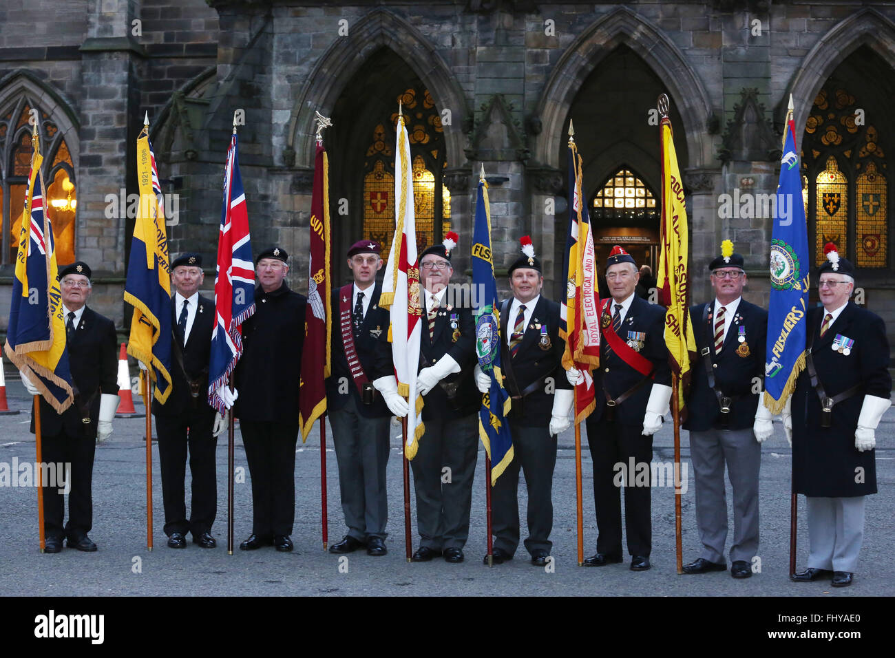 Rochdale, UK. 26th February, 2016. Standard Bearers lined up outside the Town Hall in Rochdale, UK 26th February 2016 Credit:  Barbara Cook/Alamy Live News Stock Photo