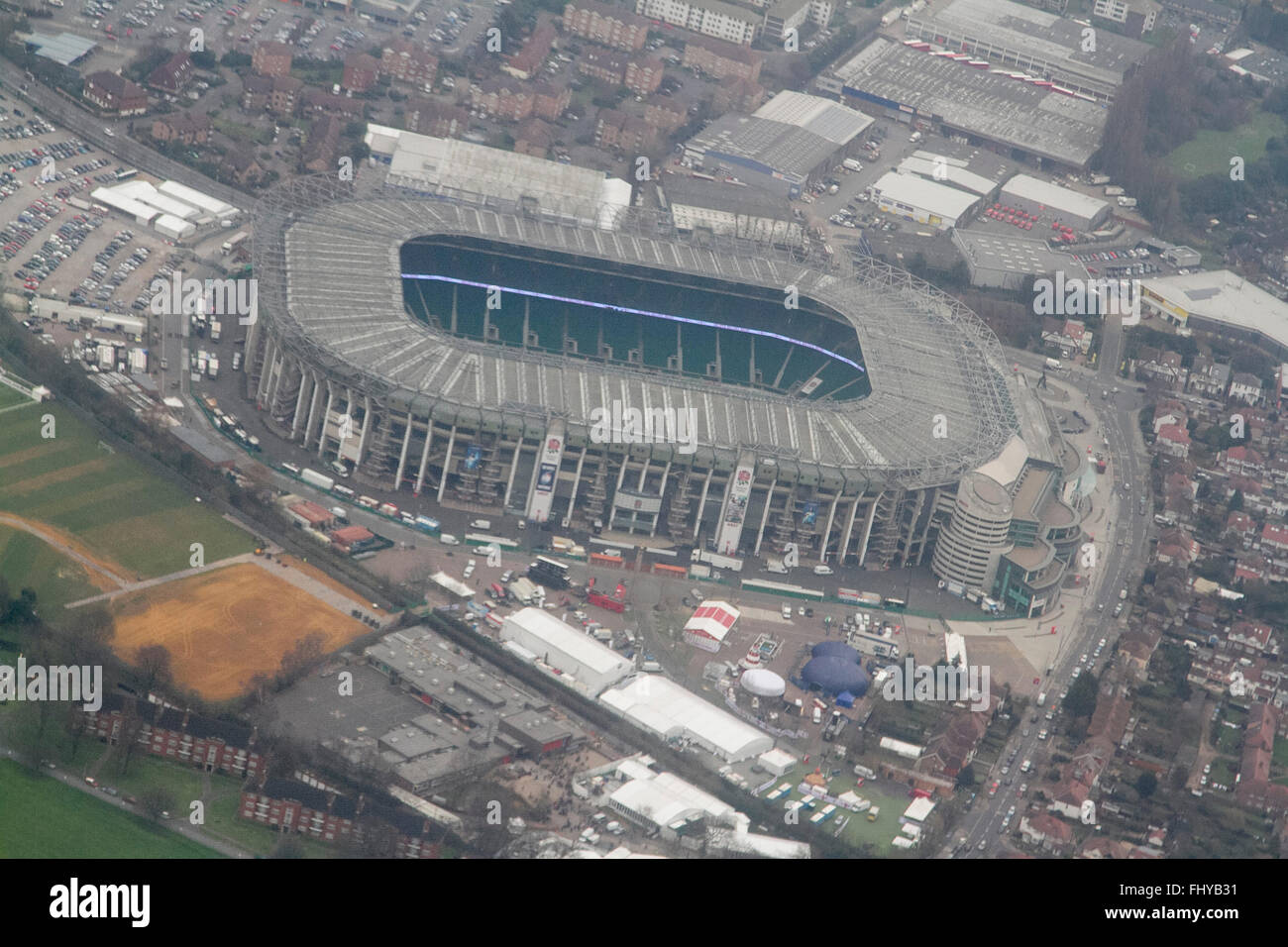 London UK. 26th February 2016. An aerial photograph of Twickenham stadium as it prepares for the 6 Nations rugby clash between England and Ireland on Saturday 27th February Credit:  amer ghazzal/Alamy Live News Stock Photo