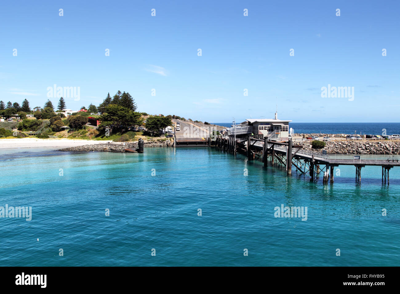 Jetty in Penneshaw on Kangaroo Island, South Australia, Australia, arrival of the ferry from Cape Jervis. Stock Photo
