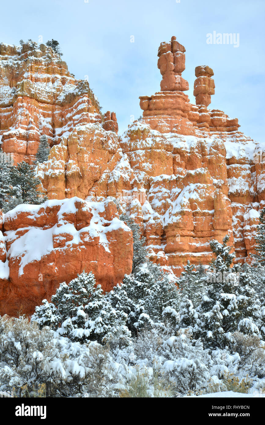 Beautiful snow covered Red Canyon along Scenic Byway 12 through Dixie National Forest and near Bryce Canyon in Southwestern Utah Stock Photo