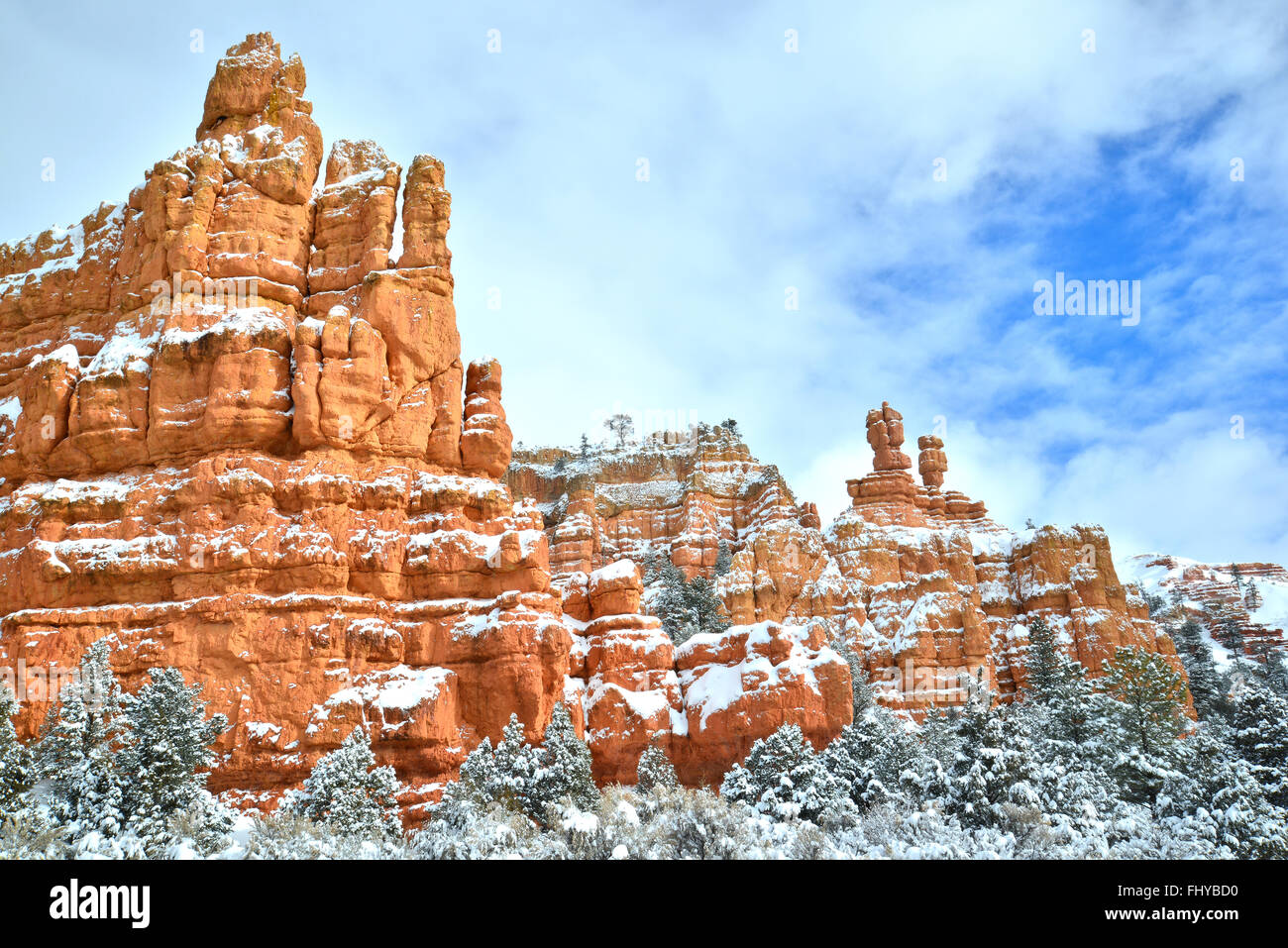 Beautiful snow covered Red Canyon along Scenic Byway 12 through Dixie National Forest and near Bryce Canyon in Southwestern Utah Stock Photo