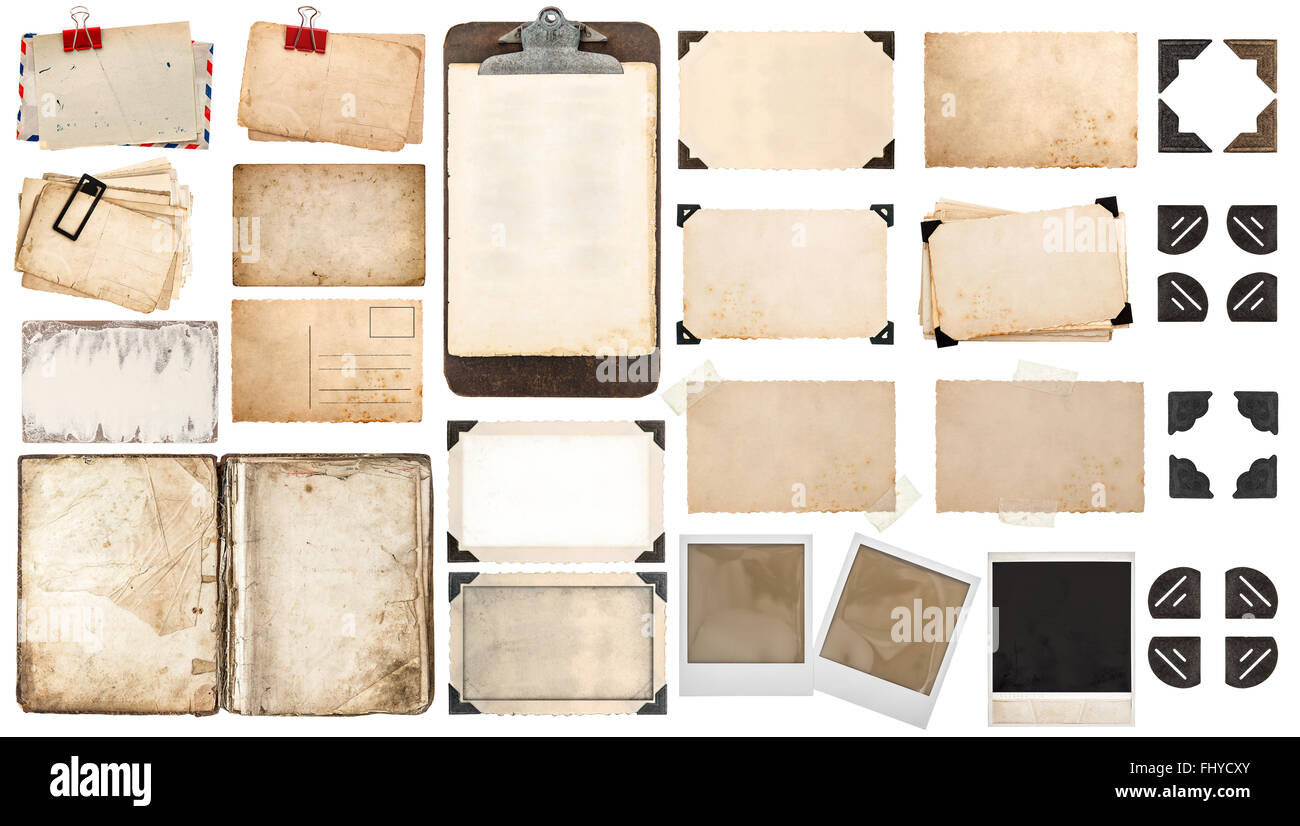 Used paper sheets, book, old photo frames and corners, antique clipboard.  Vintage office objects isolated on white background Stock Photo - Alamy