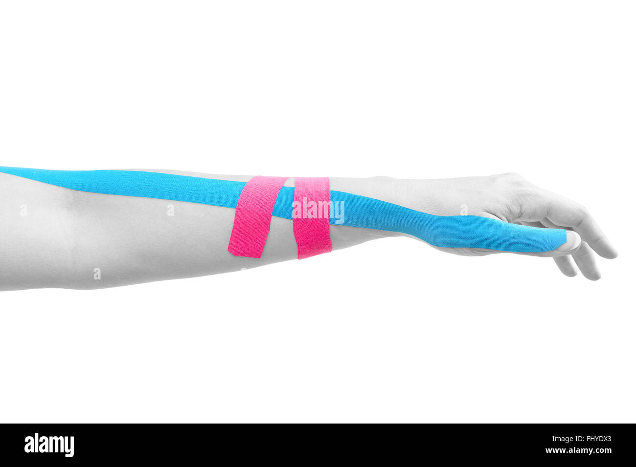 Kinesio tape on female hand isolated on white background. Chronic pain, alternative medicine. Rehabilitation and physiotherapy. Stock Photo