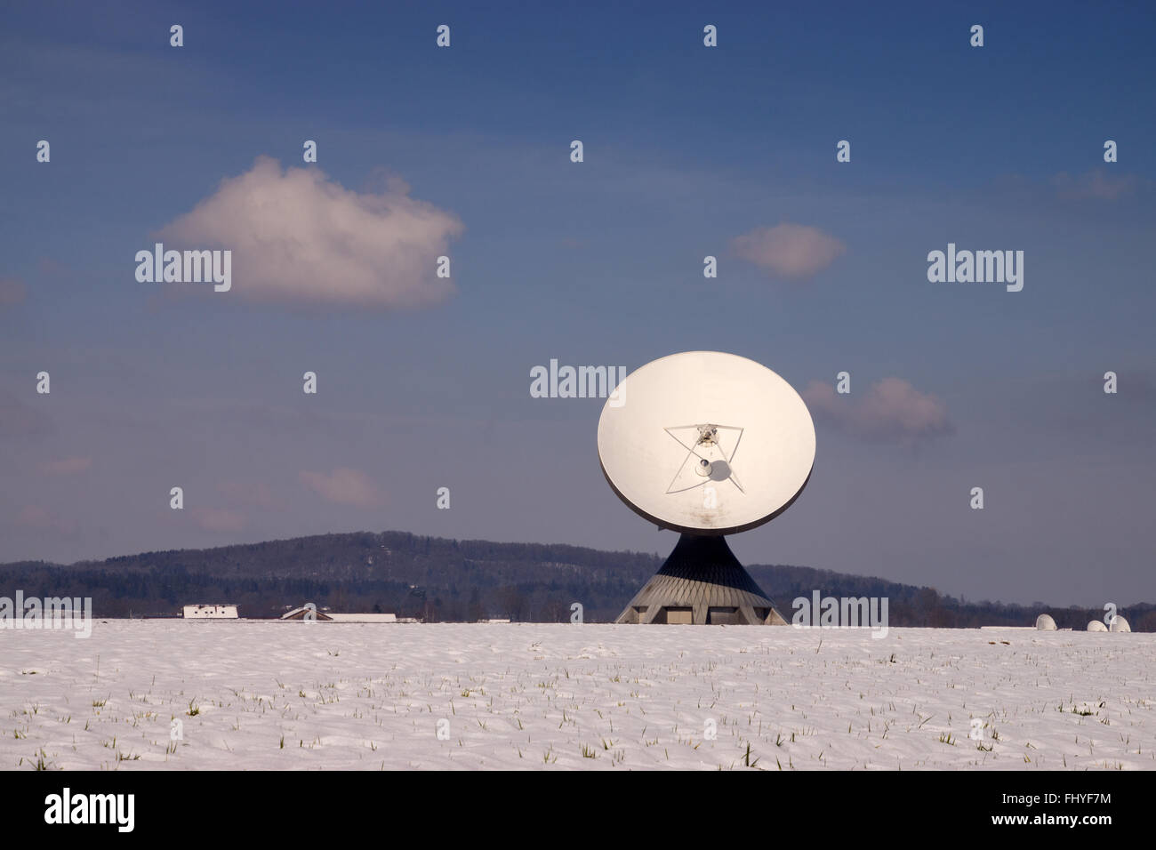 The Satellite Earth Station Raisting  is a ground communication parabolic antenna complex for telecommunication. Stock Photo