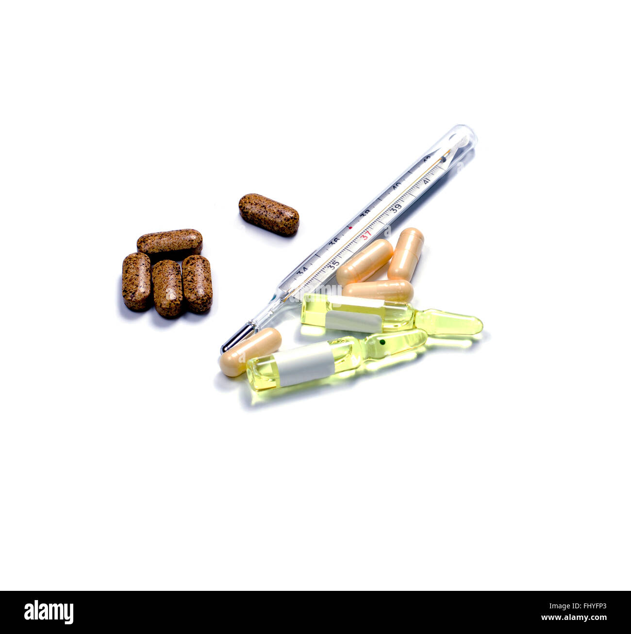 thermometer, ampoules and capsules with medicine Stock Photo Alamy