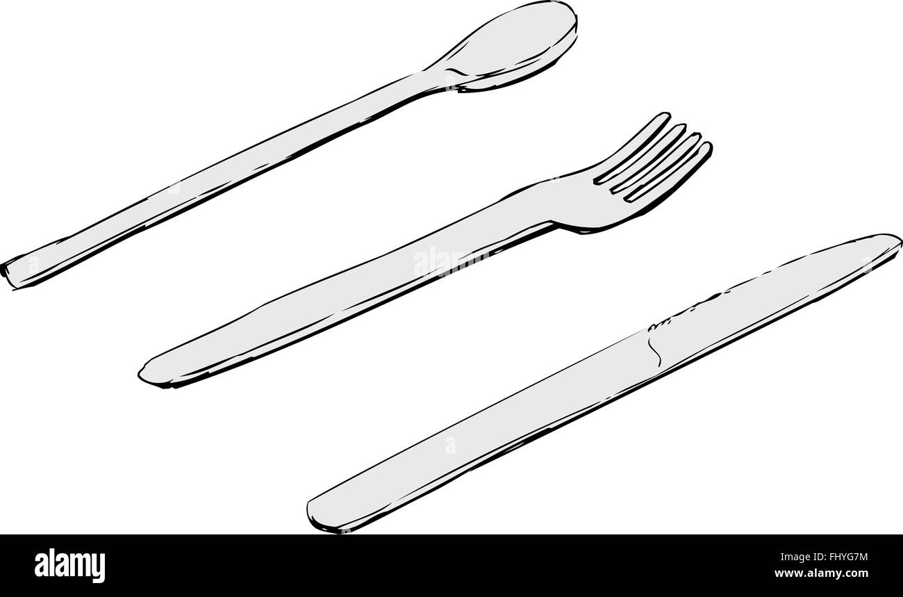 Hand drawn sketches of knife, fork and spoon over isolated white