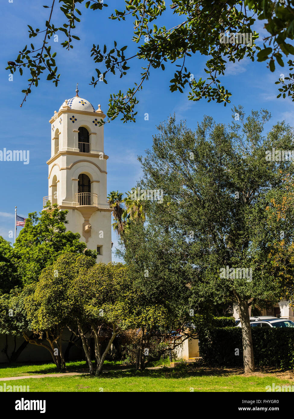 The historic colonial revival style Post Office Bell Tower, city historical landmark number 6 in Ojai, California. Stock Photo